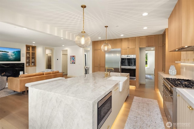 8411 202nd St SW, Edmonds, WA 98026 - kitchen featuring appliances with stainless steel finishes, a premium fireplace, light wood-style flooring, recessed lighting, and a large island with sink