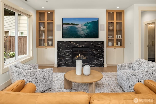8411 202nd St SW, Edmonds, WA 98026 - living area featuring wood finished floors, a premium fireplace, and recessed lighting