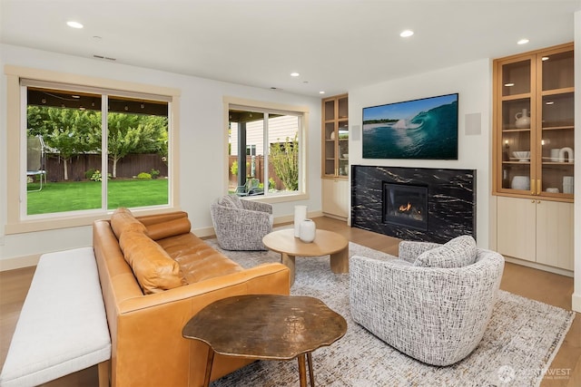 8411 202nd St SW, Edmonds, WA 98026 - living area featuring wood finished floors, recessed lighting, a high end fireplace, and built in features