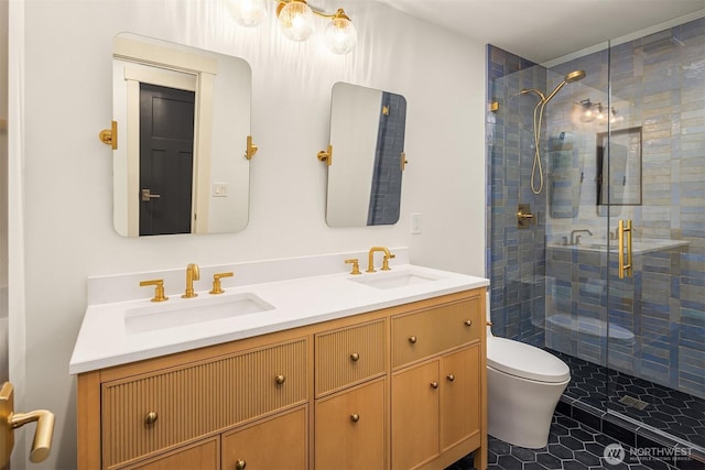 8411 202nd St SW, Edmonds, WA 98026 - bathroom featuring a shower stall, double vanity, and tile patterned flooring