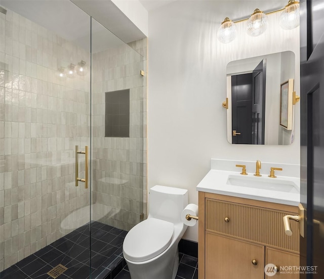 8411 202nd St SW, Edmonds, WA 98026 - bathroom featuring vanity, a stall shower, and tile patterned flooring