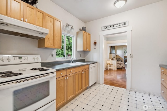 3381 Centralia Alpha Rd, Onalaska, WA 98570 - kitchen with white appliances, range hood, light flooring, dark countertops, and light brown cabinets