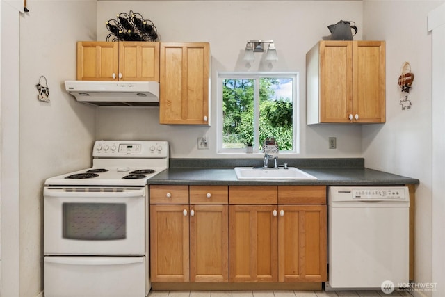 3381 Centralia Alpha Rd, Onalaska, WA 98570 - kitchen with white appliances, under cabinet range hood, and dark countertops