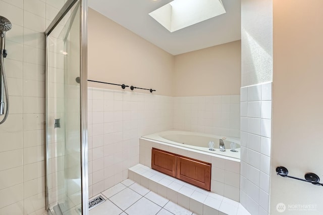 15831 Northup Way Unit 26, Bellevue, WA 98008 - full bath with a shower stall, a skylight, tile patterned floors, a bath, and tile walls