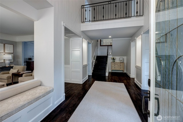 6581 156th Ave SE, Bellevue, WA 98006 - foyer featuring dark wood-style flooring, stairs, and ornamental molding