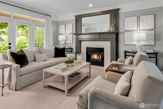 6581 156th Ave SE, Bellevue, WA 98006 - living room with crown molding, a tile fireplace, and recessed lighting