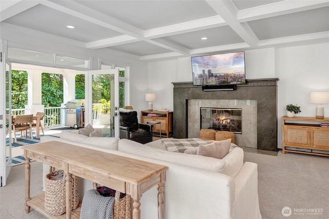 6581 156th Ave SE, Bellevue, WA 98006 - carpeted living area featuring beam ceiling, a premium fireplace, coffered ceiling, and recessed lighting