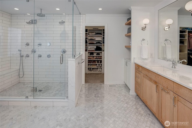 6581 156th Ave SE, Bellevue, WA 98006 - full bath with a walk in closet, a shower stall, vanity, crown molding, and recessed lighting