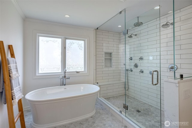 6581 156th Ave SE, Bellevue, WA 98006 - bathroom featuring a stall shower, a soaking tub, crown molding, and recessed lighting