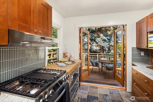 3112 NE 65th St, Seattle, WA 98115 - kitchen with stainless steel appliances, under cabinet range hood, light stone counters, decorative backsplash, and dark stone finish floors