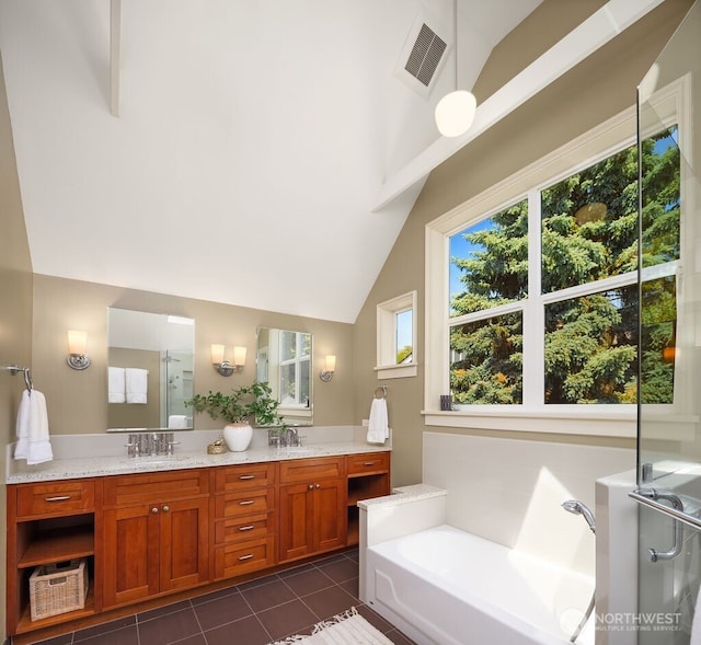 3112 NE 65th St, Seattle, WA 98115 - full bath with lofted ceiling, double vanity, a bath, tile patterned floors, and a shower with shower door