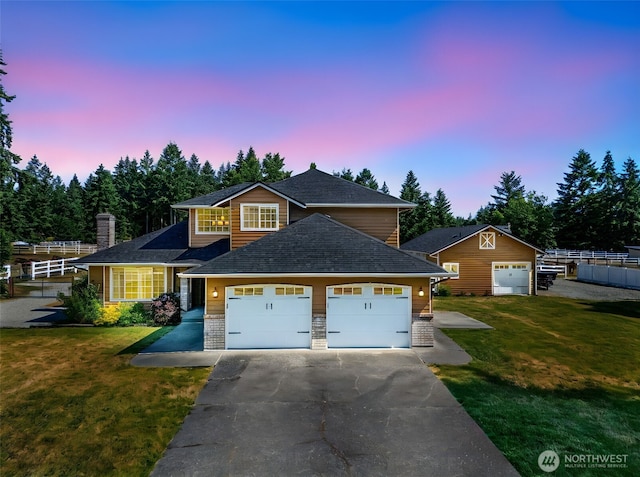 9321 339th St S Unit 5, Roy, WA 98580 - view of front of house featuring asphalt driveway, a garage, a shingled roof, and a chimney