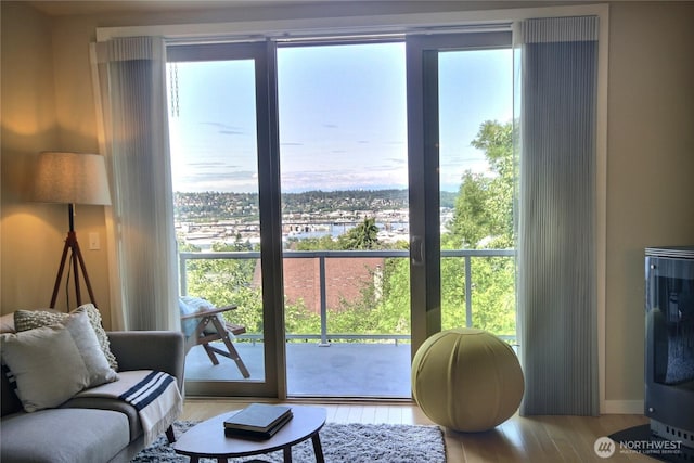4411 Greenwood Ave N, Seattle, WA 98103 - doorway featuring wood finished floors, plenty of natural light, and a water view