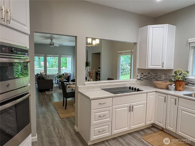 91 N Chandler Ct Unit D, Port Ludlow, WA 98365 - kitchen featuring double oven, black electric stovetop, wood finished floors, white cabinetry, and ceiling fan