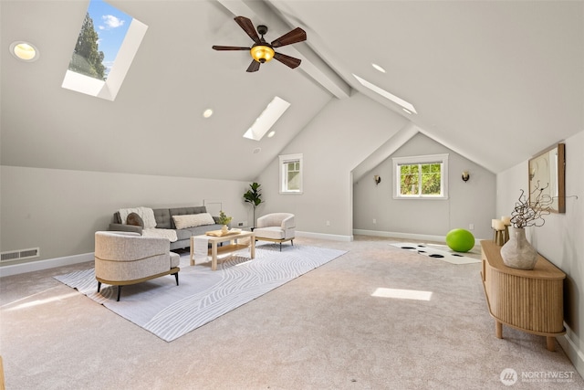 11028 E Riverside Dr, Bothell, WA 98011 - carpeted living area featuring a skylight, recessed lighting, and a ceiling fan