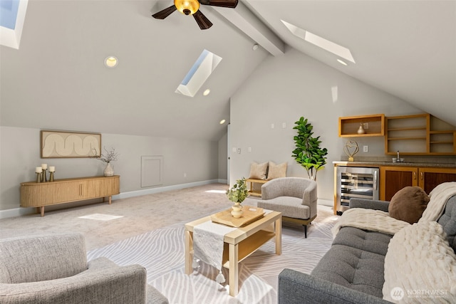 11028 E Riverside Dr, Bothell, WA 98011 - living room with beverage cooler, wet bar, light colored carpet, a ceiling fan, and recessed lighting