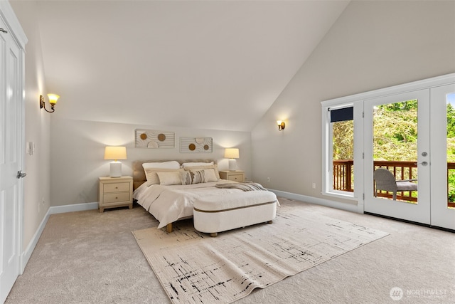 11028 E Riverside Dr, Bothell, WA 98011 - bedroom featuring access to outside, light colored carpet, and high vaulted ceiling