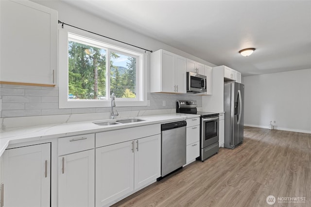 8471 Golden Valley Dr, Maple Falls, WA 98266 - kitchen featuring stainless steel appliances, white cabinetry, decorative backsplash, light wood-style flooring, and light stone countertops