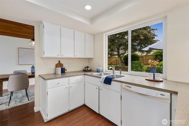 2012 SE 18th Ct, Renton, WA 98055 - kitchen with white dishwasher, white cabinets, and dark wood-style floors