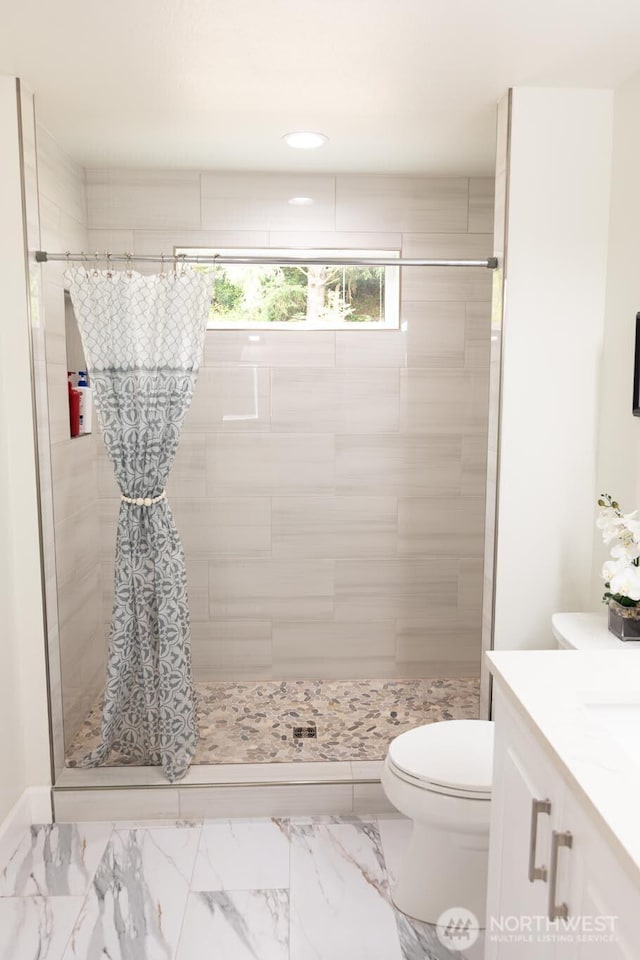29813 L Ln, Ocean Park, WA 98640 - full bath featuring a stall shower, vanity, marble look tile flooring, and recessed lighting