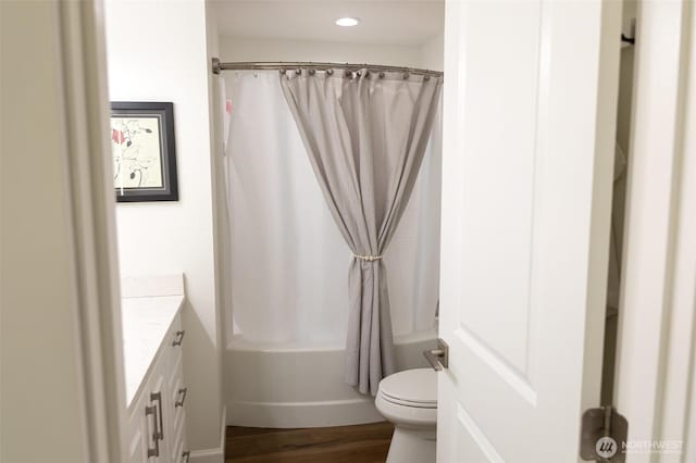 29813 L Ln, Ocean Park, WA 98640 - full bath with vanity, wood finished floors, shower / bathtub combination with curtain, and recessed lighting