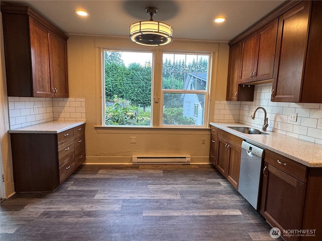 2520 Eureka Ave, Centralia, WA 98531 - kitchen featuring dishwashing machine, a baseboard heating unit, dark wood-style flooring, tasteful backsplash, and recessed lighting