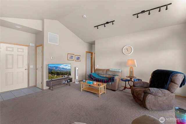 2599 NW Columbia Ave, East Wenatchee, WA 98802 - living room with rail lighting, vaulted ceiling, carpet, and tile patterned floors