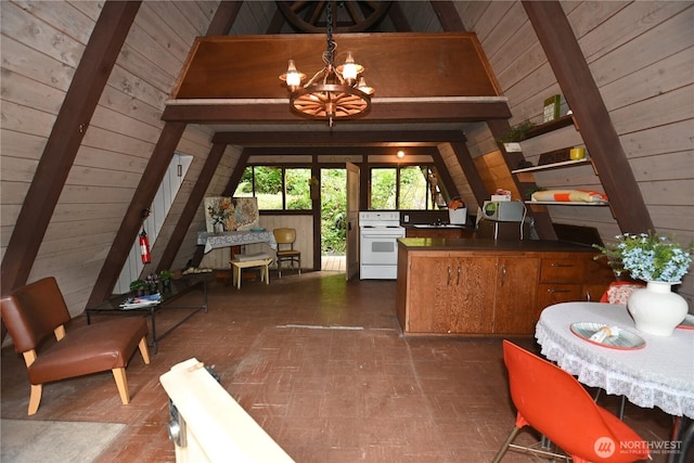 53009 S Riverside Rd, Gold Bar, WA 98251 - dining area with wooden walls, a chandelier, and wooden ceiling