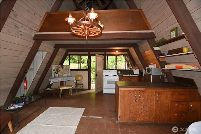 53009 S Riverside Rd, Gold Bar, WA 98251 - interior space featuring white range with electric stovetop, wood walls, a chandelier, stairway, and vaulted ceiling
