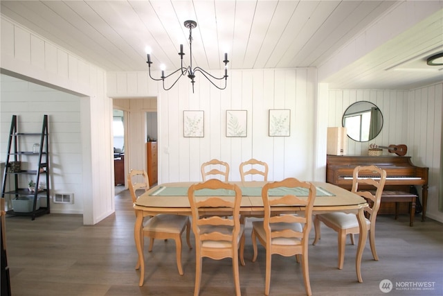 251 N 2nd St N, Buckley, WA 98321 - dining space featuring a chandelier, wood finished floors, wood walls, and wood ceiling