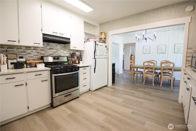 251 N 2nd St N, Buckley, WA 98321 - kitchen featuring appliances with stainless steel finishes, under cabinet range hood, a chandelier, decorative backsplash, and white cabinets