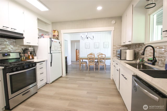 251 N 2nd St N, Buckley, WA 98321 - kitchen with appliances with stainless steel finishes, under cabinet range hood, a chandelier, white cabinetry, and backsplash