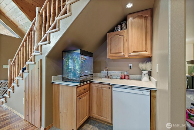 33320 27th Ave E, Roy, WA 98580 - bar area with stairs, recessed lighting, refrigerator, lofted ceiling, and wood finished floors