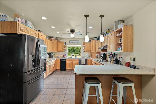 33320 27th Ave E, Roy, WA 98580 - kitchen featuring fridge with ice dispenser, open shelves, dishwasher, a peninsula, and a ceiling fan