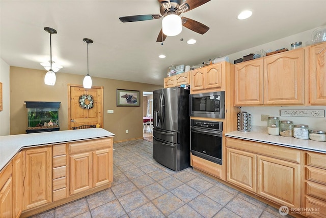 33320 27th Ave E, Roy, WA 98580 - kitchen with appliances with stainless steel finishes, light brown cabinets, light countertops, ceiling fan, and recessed lighting