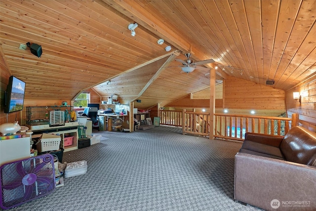 33320 27th Ave E, Roy, WA 98580 - bonus room with wooden ceiling, vaulted ceiling, wood walls, a ceiling fan, and carpet