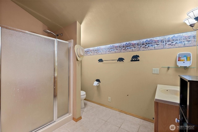 33320 27th Ave E, Roy, WA 98580 - full bathroom featuring vanity, a shower stall, lofted ceiling, and tile patterned flooring