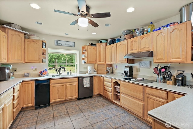 33320 27th Ave E, Roy, WA 98580 - kitchen with dishwashing machine, open shelves, black electric cooktop, under cabinet range hood, and light brown cabinetry