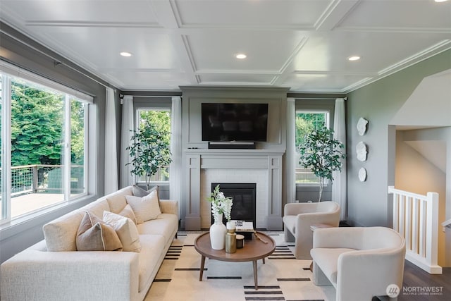 1818 36th St, Bellingham, WA 98226 - living area featuring healthy amount of natural light, coffered ceiling, recessed lighting, a fireplace, and ornamental molding
