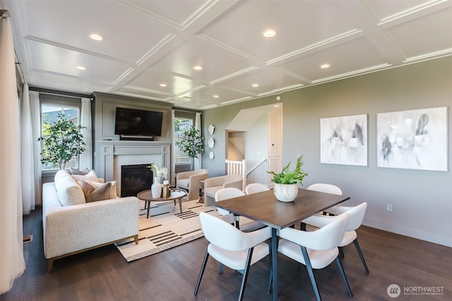 1818 36th St, Bellingham, WA 98226 - dining room featuring coffered ceiling, dark wood finished floors, a fireplace, and recessed lighting