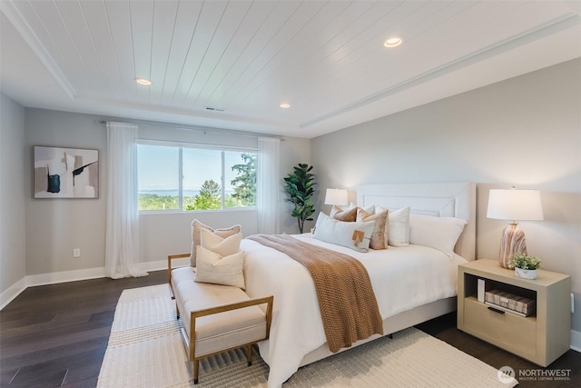 1818 36th St, Bellingham, WA 98226 - bedroom with dark wood-style flooring, recessed lighting, and wood ceiling
