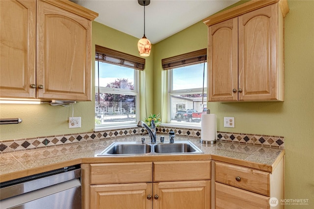 629 N 7th Ave, Sequim, WA 98382 - kitchen featuring dishwashing machine, light brown cabinets, tile counters, and hanging light fixtures