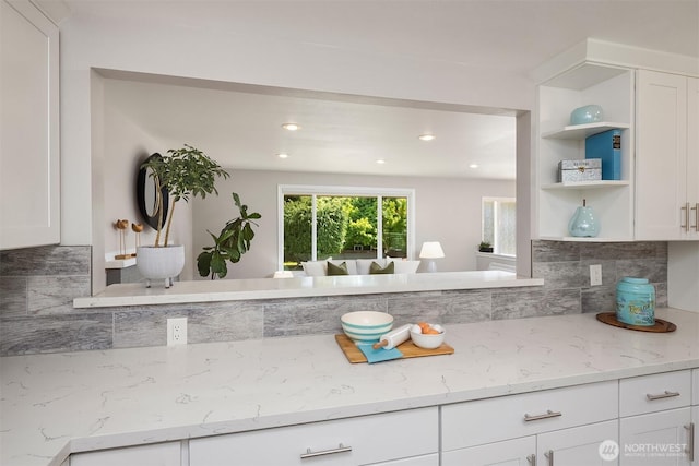 16011 Sunnyside Ave N, Shoreline, WA 98133 - kitchen featuring open shelves, backsplash, white cabinetry, recessed lighting, and light stone counters
