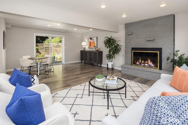 16011 Sunnyside Ave N, Shoreline, WA 98133 - living room with recessed lighting, wood finished floors, and a large fireplace