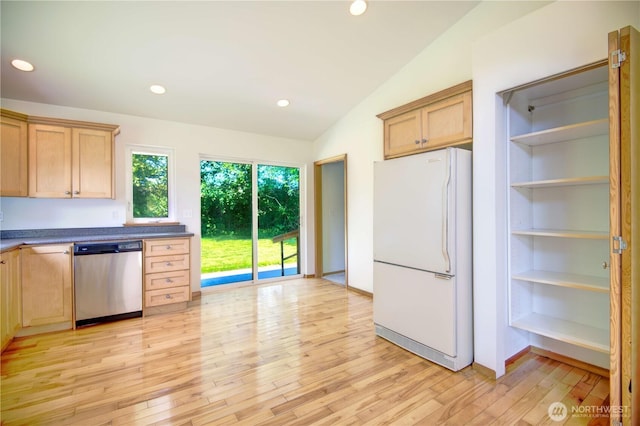 8391 Richmond Park Rd, Birch Bay, WA 98230 - kitchen featuring dishwasher, freestanding refrigerator, lofted ceiling, light wood-type flooring, and light brown cabinets