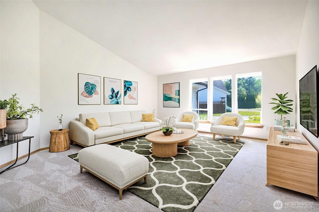 8391 Richmond Park Rd, Birch Bay, WA 98230 - living area featuring carpet floors and high vaulted ceiling