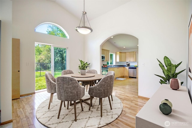 8391 Richmond Park Rd, Birch Bay, WA 98230 - dining space featuring light wood-style floors, arched walkways, and high vaulted ceiling