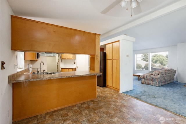 212S 3rd St, Almira, WA 99103 - kitchen featuring a peninsula, ceiling fan, stone finish flooring, open floor plan, and carpet floors