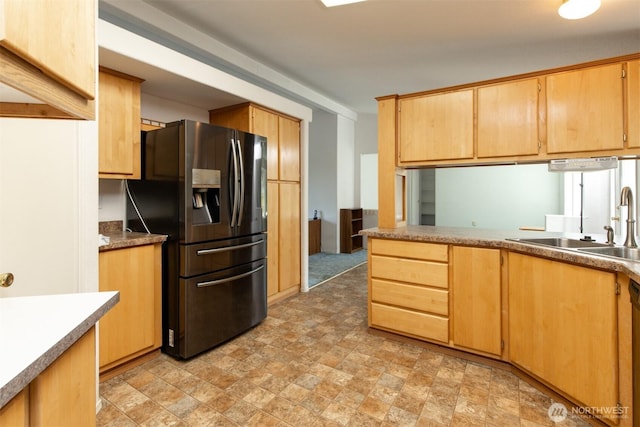 212S 3rd St, Almira, WA 99103 - kitchen featuring stainless steel refrigerator with ice dispenser, stone finish flooring, and light brown cabinets