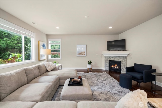 4410 Sentinel Ct, Gig Harbor, WA 98332 - living area with wood finished floors, a glass covered fireplace, and recessed lighting